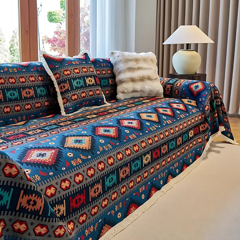 Geometric Throw Blanket for Sofa – Woven Cotton Chenille Couch Cover with Bohemian Pattern for Living Room Furniture | Thomler
