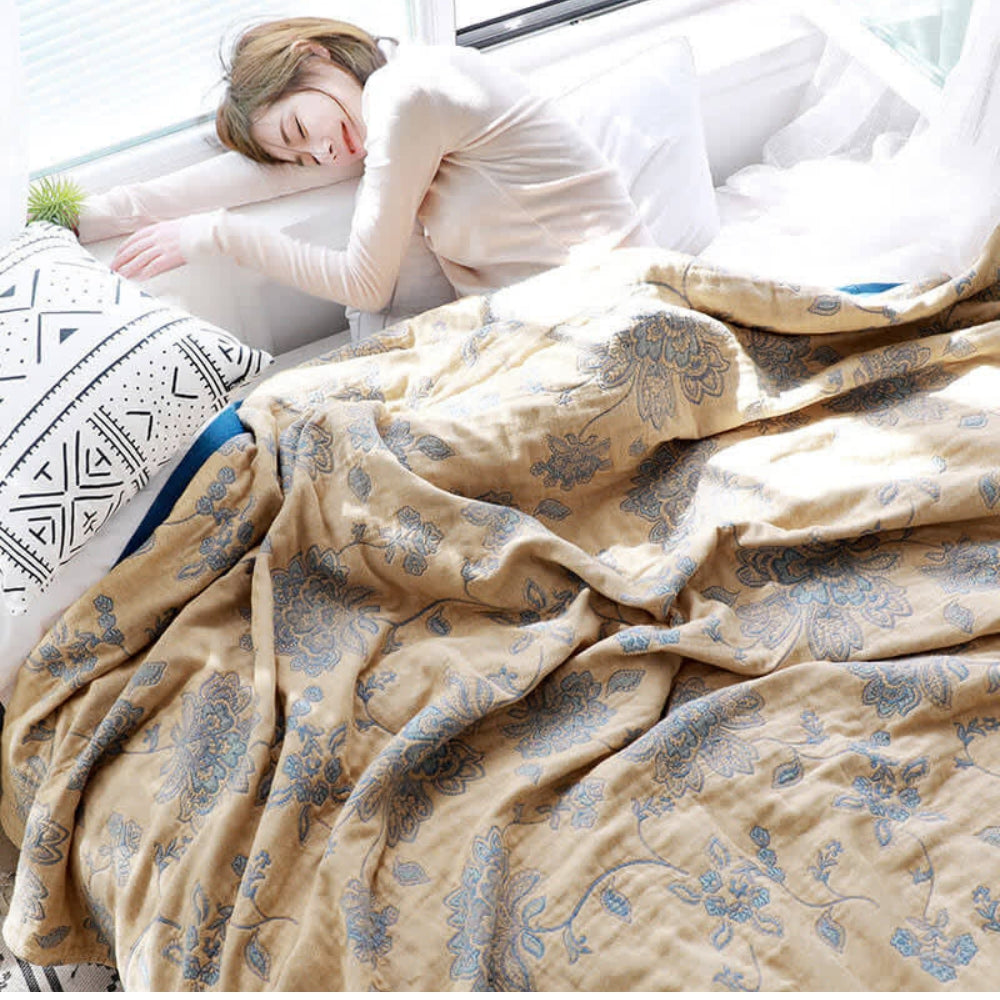 Lightweight Cotton Gauze Throw Blanket with Floral Design for Year-Round Comfort, Breathable Bedding for Bedroom, Sofa, or Guest Room | Thomler