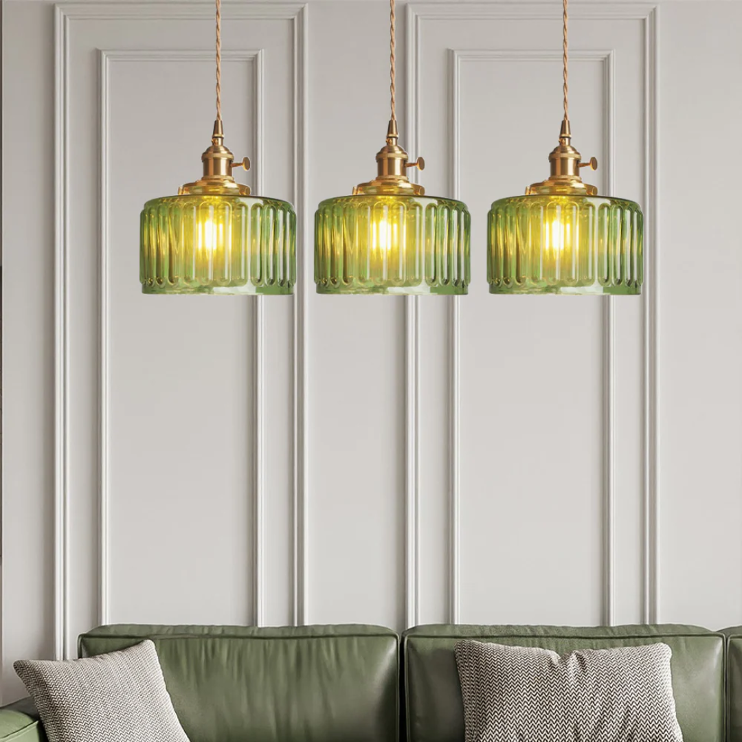 Pendant Light Ribbed Glass E27 Green Adjustable 150.0 cm Dining Room Kitchen Island Hanging Ceiling Lamp | Thomler