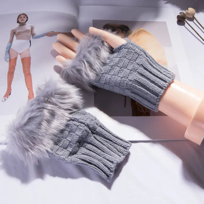 Soft Knit Fingerless Hand Warmers with Plush Faux Rabbit Fur Trim for Women – Stretchy Half-Finger Mittens for Texting & Typing in Cold | Thomler