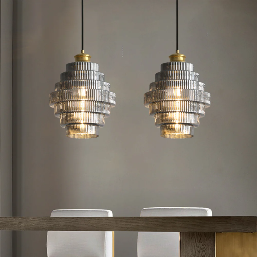 Pendant Light Ribbed Glass Brass Layered Shade Dining Room Kitchen Island Hanging Ceiling Lamp | Thomler