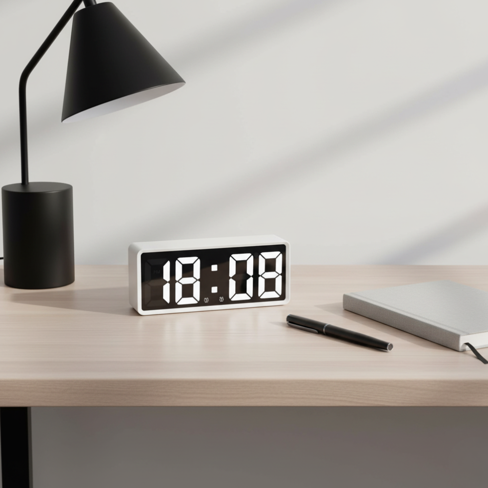 Mirrored LED Bedside Clock – Time, Temp & Alarm Display | Thomler