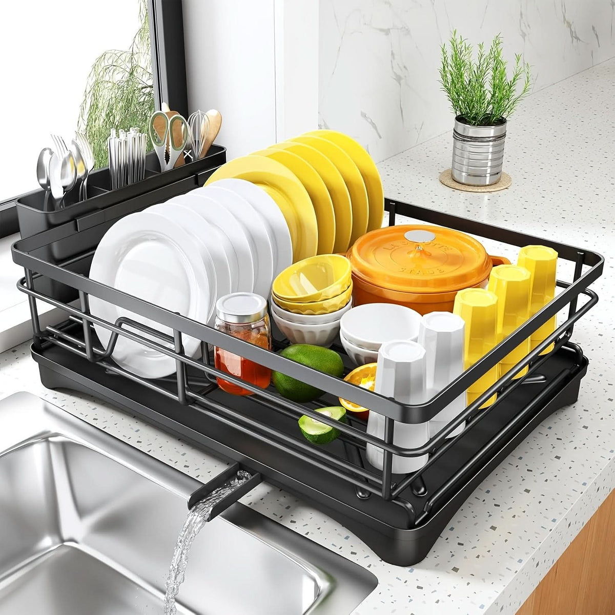 Countertop Dish Rack with Cutlery Caddy – Steel Frame Drainer for Plates, Bowls & Silverware | Rust-Resistant Kitchen Organizer | Thomler