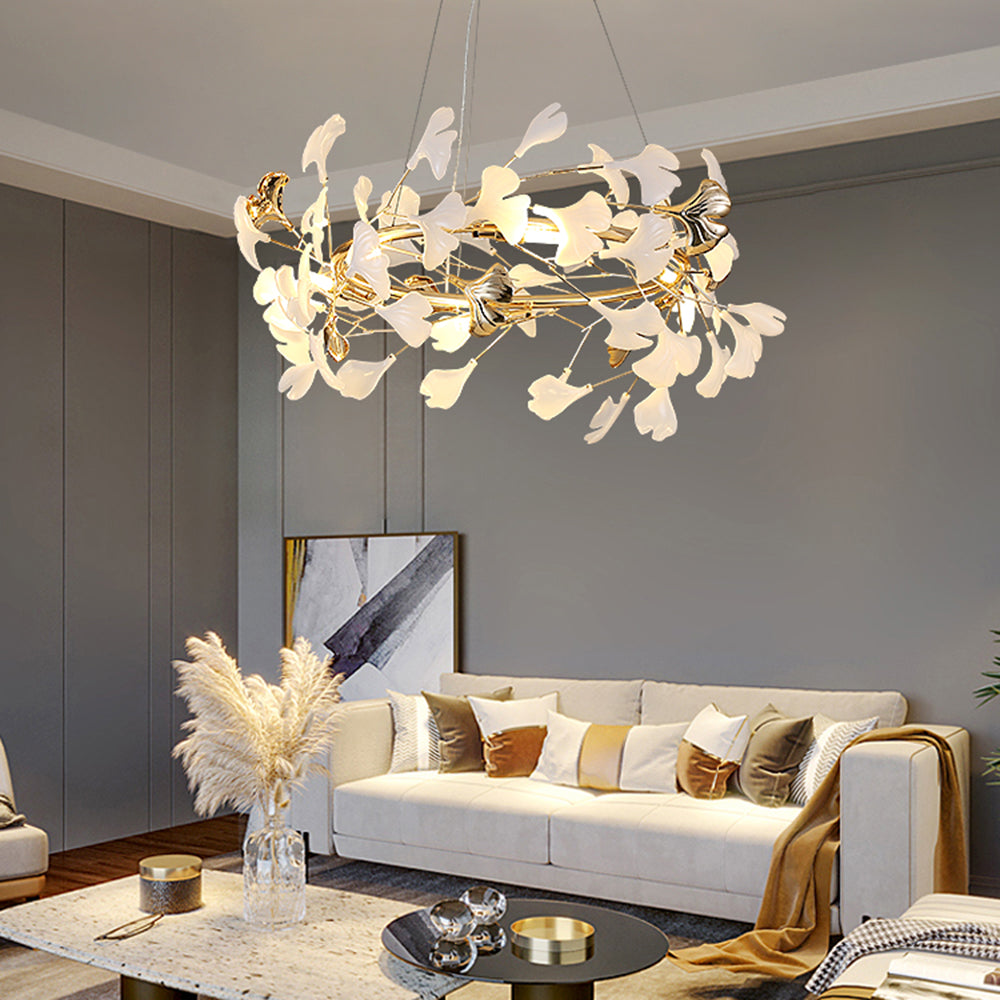 Ceramic Leaf Cluster Pendant Light with Adjustable Cord – Gold Metal Frame Multi-Bulb Chandelier for Dining Room, Living Room & Bedroom | Thomler