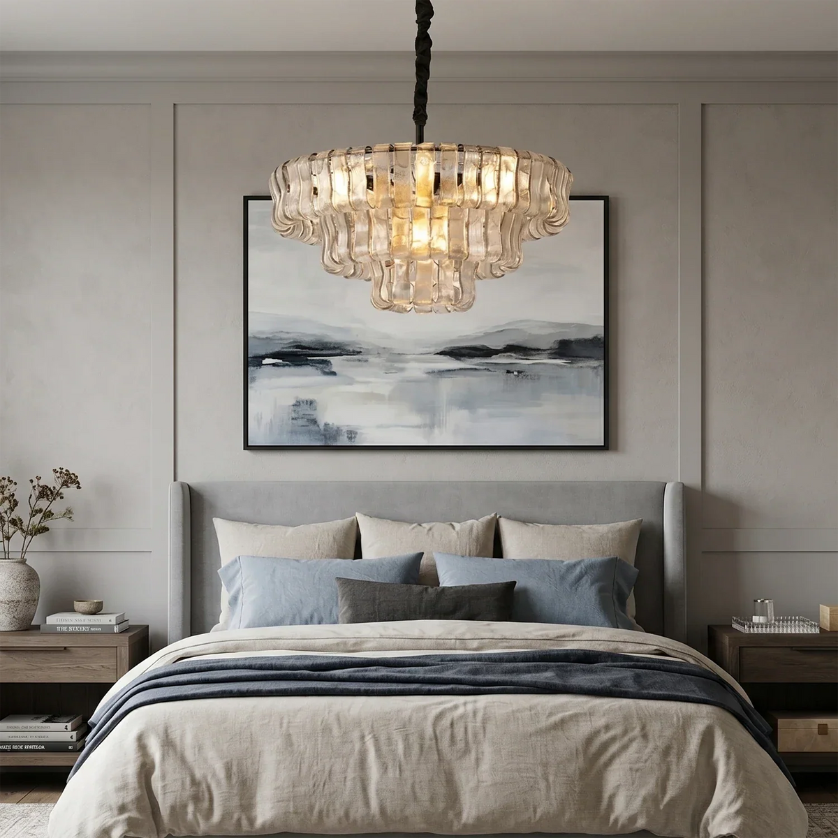 Textured Glass Round Chandelier with Curved Panels in Metallic Finish for Dining Room & Living Room | 24 to 60 Inch | Thomler