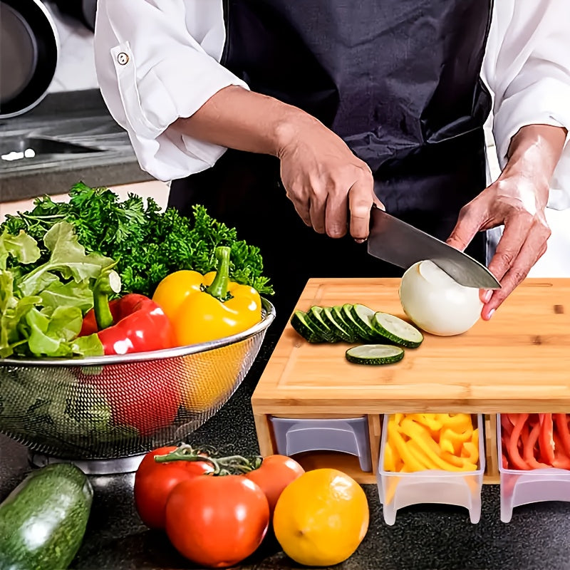 Bamboo Chopping Board with Slide-Out Prep Trays & 4-Piece Grater Set – All-in-One Food Prep Station for Home Kitchens | Thomler