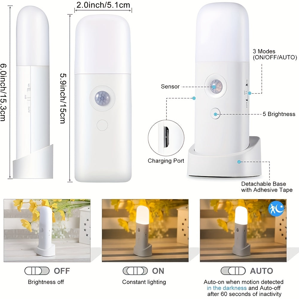 LED Night Light Plastic 15.3 cm Motion Sensor White Bedroom Hallway Wireless Dimmable USB Rechargeable Lamp | Thomler