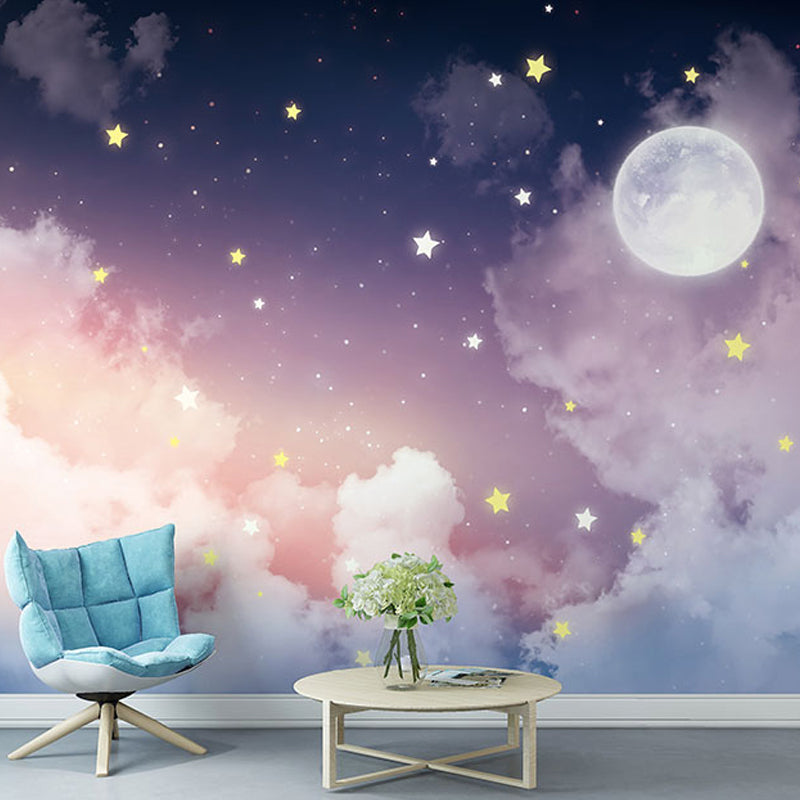 Large Celestial Wall Mural Pink Purple Moon Star Illustration Non-Woven Wallpaper Modern Bedroom Decor Horizontal Stain-Resistant | Thomler