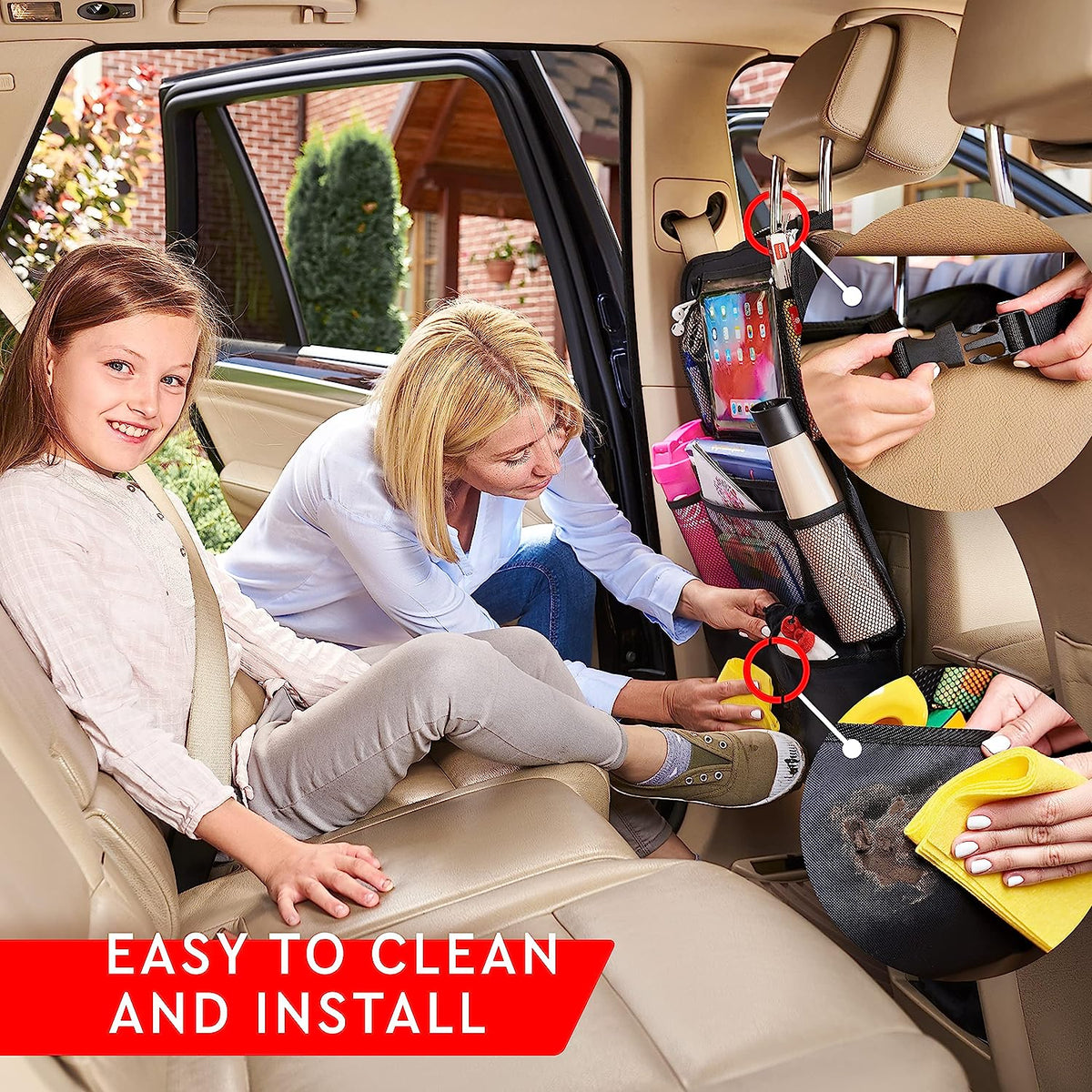 Dual-Pocket Vehicle Seatback Storage with Transparent Screen Sleeve for Road Trips | Thomler