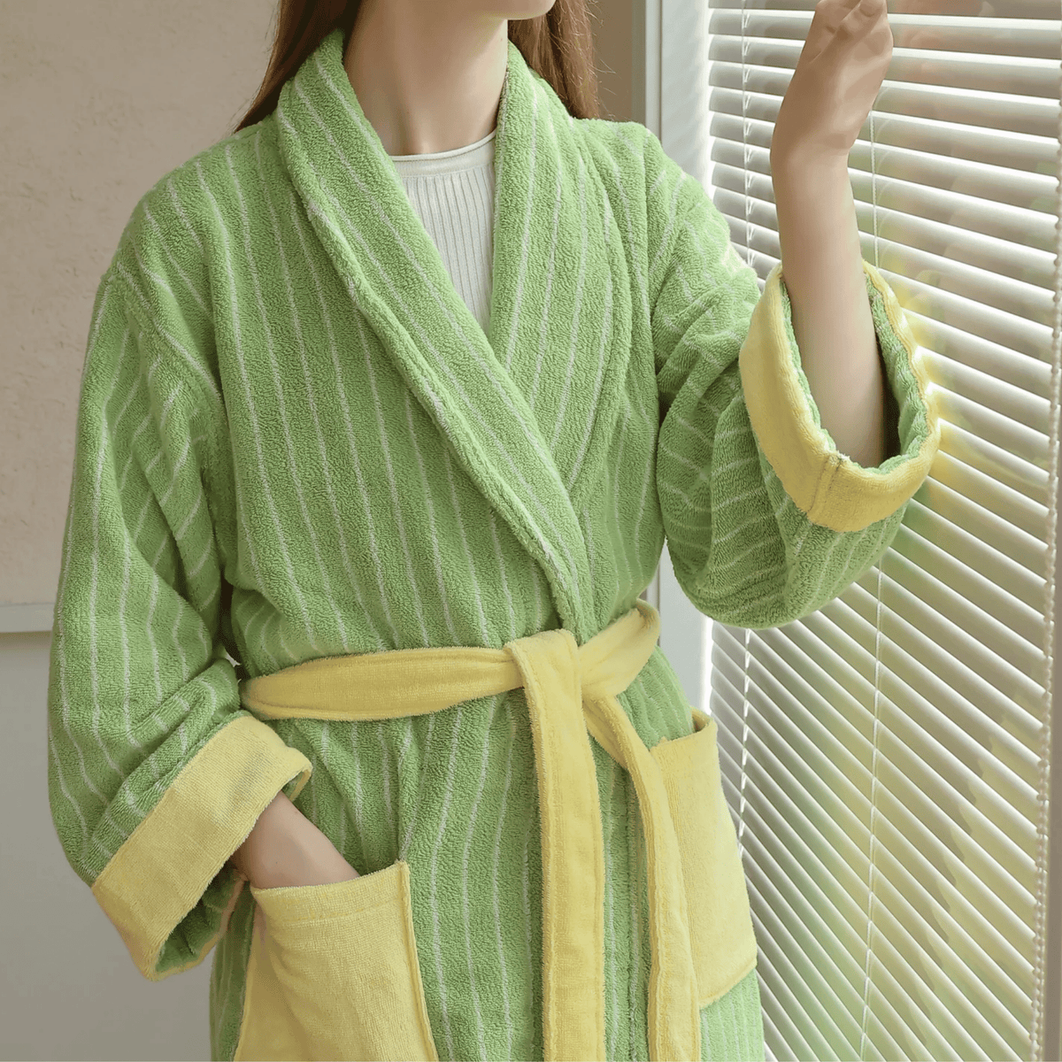 Organic Cotton Striped Terry Robe for Women – Soft Jacquard Loungewear Bathrobe with Coordinated Two-Tone Colors for Everyday Comfort | Thomler