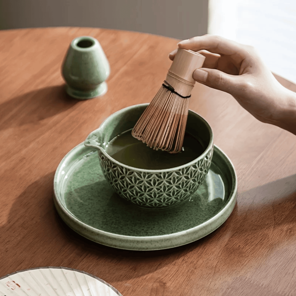 Handcrafted Ceramic Matcha Preparation Kit with Bamboo Whisk & Serving Tray for Traditional Tea Ceremony at Home, Office & Studio | Thomler