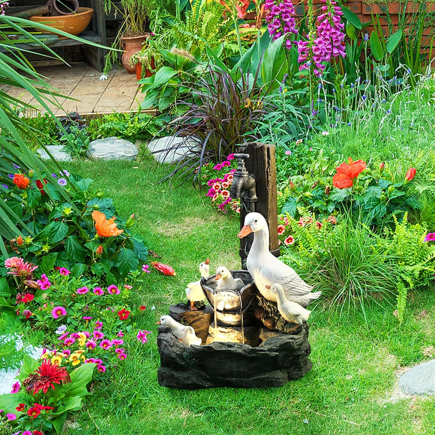 Solar-Tischbrunnen mit Tierfigur & LED-Beleuchtung – kompakt für Garten & Balkon