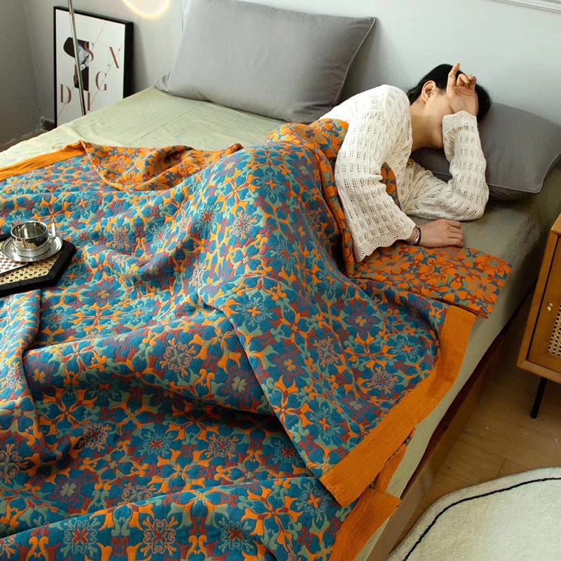 Six-Layer Cotton Quilt Reversible Lightweight Blanket Orange Blue Geometric Pattern for Year-Round Comfort Bedroom Guest Room | Thomler