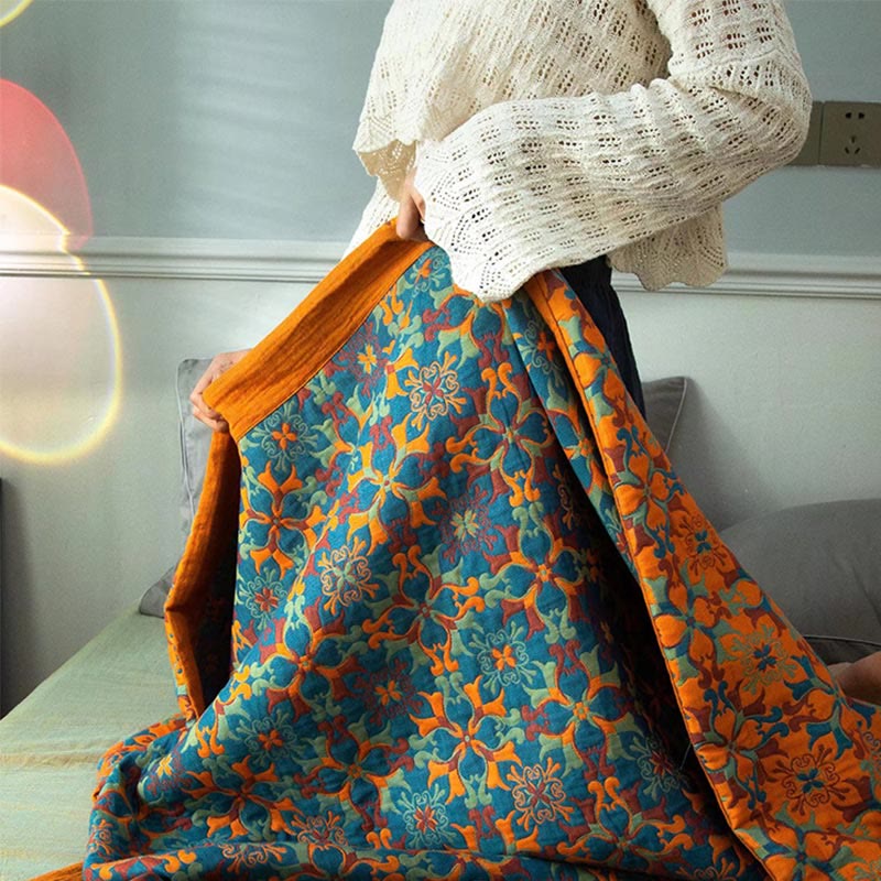 Six-Layer Cotton Quilt Reversible Lightweight Blanket Orange Blue Geometric Pattern for Year-Round Comfort Bedroom Guest Room | Thomler