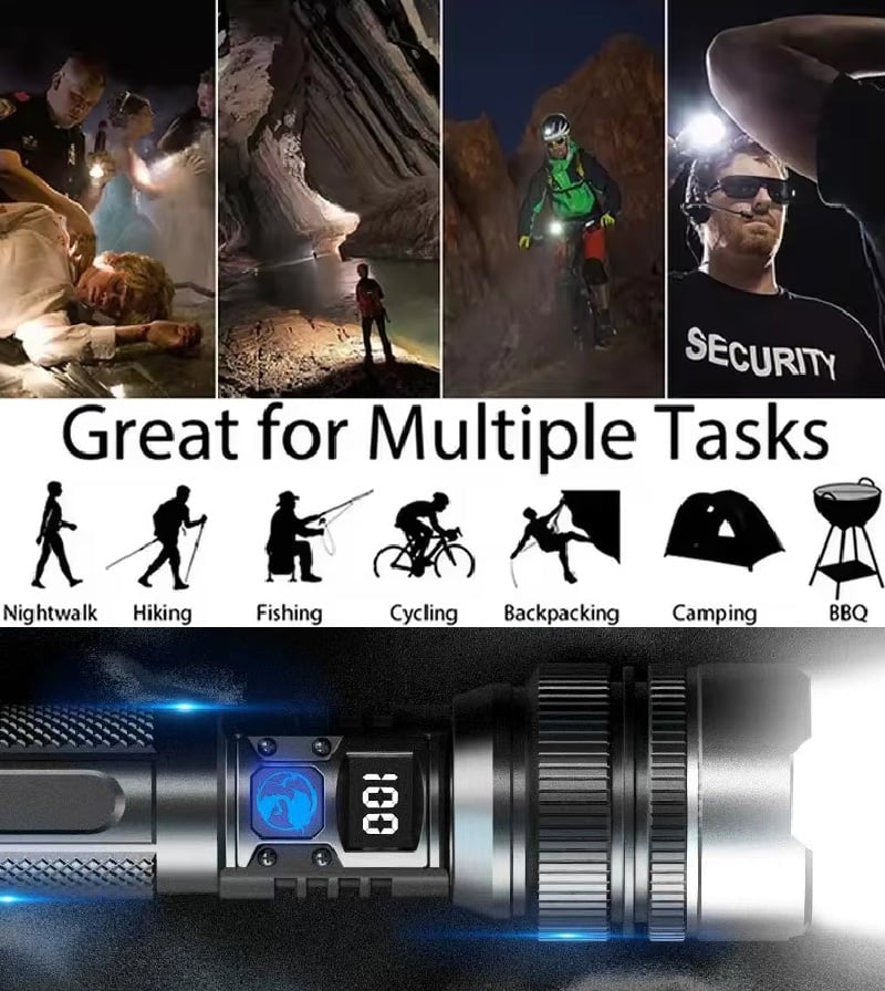 Rechargeable Tactical Flashlight Aluminium Body Telescoping Zoom Outdoor | Thomler