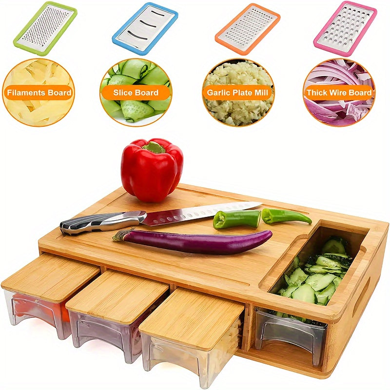 Bamboo Chopping Board with Slide-Out Prep Trays & 4-Piece Grater Set – All-in-One Food Prep Station for Home Kitchens | Thomler