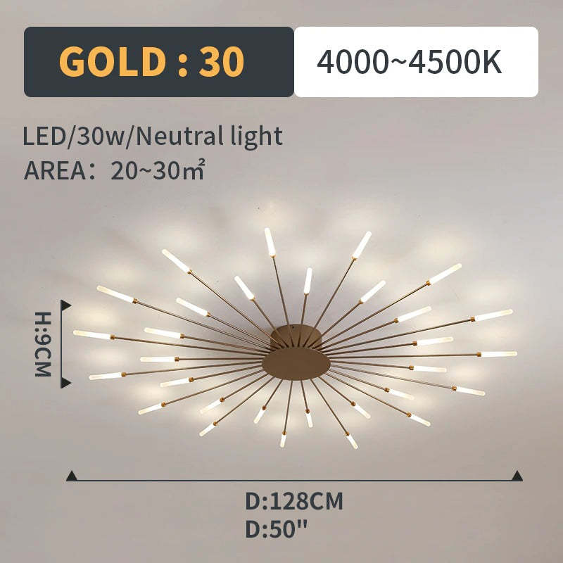 Starburst Flush Mount Ceiling Light Black Gold Modern Firework LED Fixture Bedroom Living Room Natural White Hardwired Indoor | Thomler