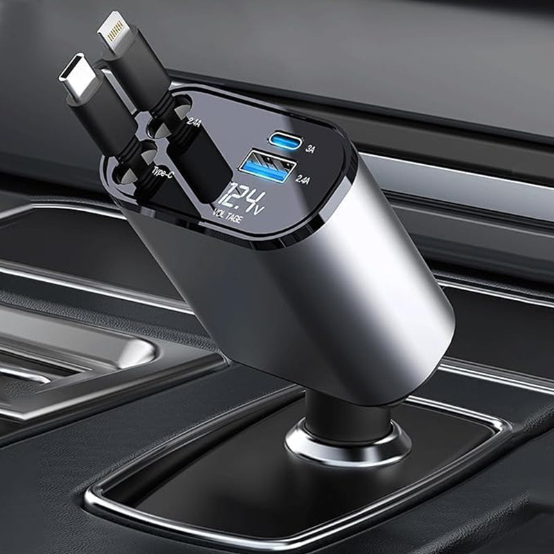 Retractable Car Charger with Dual Ports – Fast Charging Cable for iPhone & Android – 31 in Auto-Rewind USB Adapter | Thomler