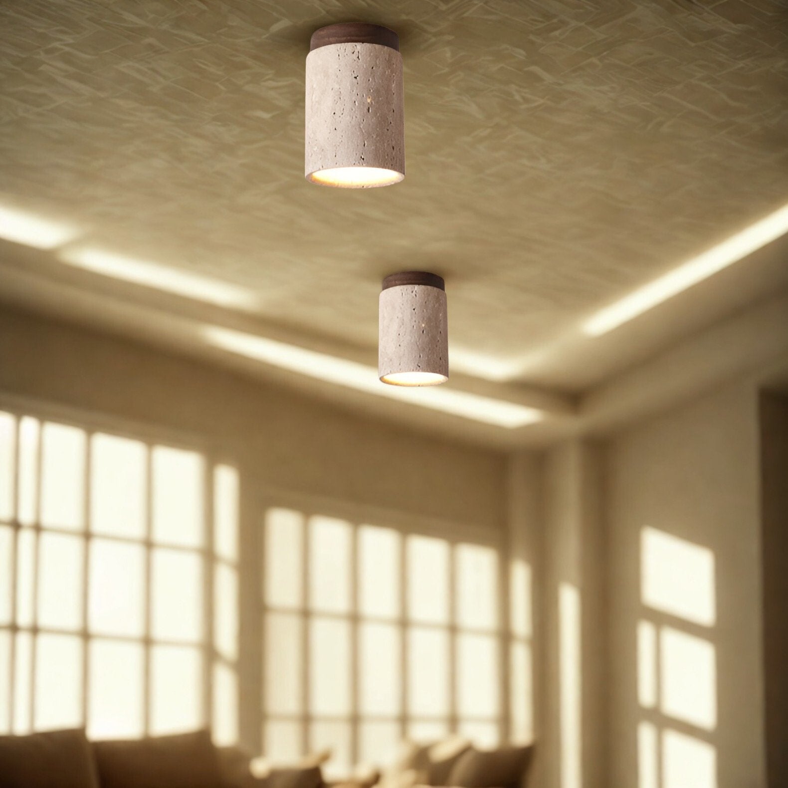 Ceiling Light Travertine Stone 4.3 in Flush Mount Beige Bedroom Kitchen Hallway Ambient Lighting Minimalist Japandi Fixture | Thomler