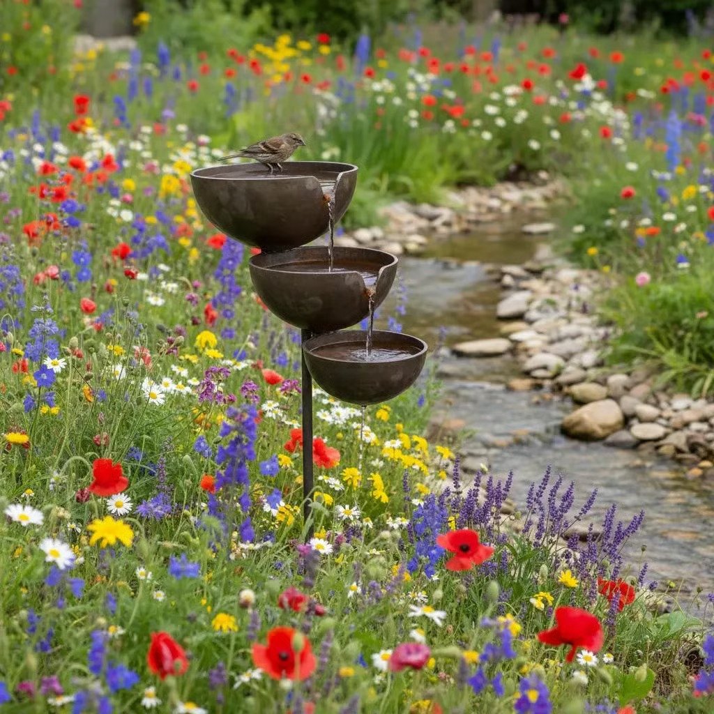 Tiered Metal Rain-Fed Bird Bath for Garden – Self-Filling Water Feature with Cascading Bowls | Thomler