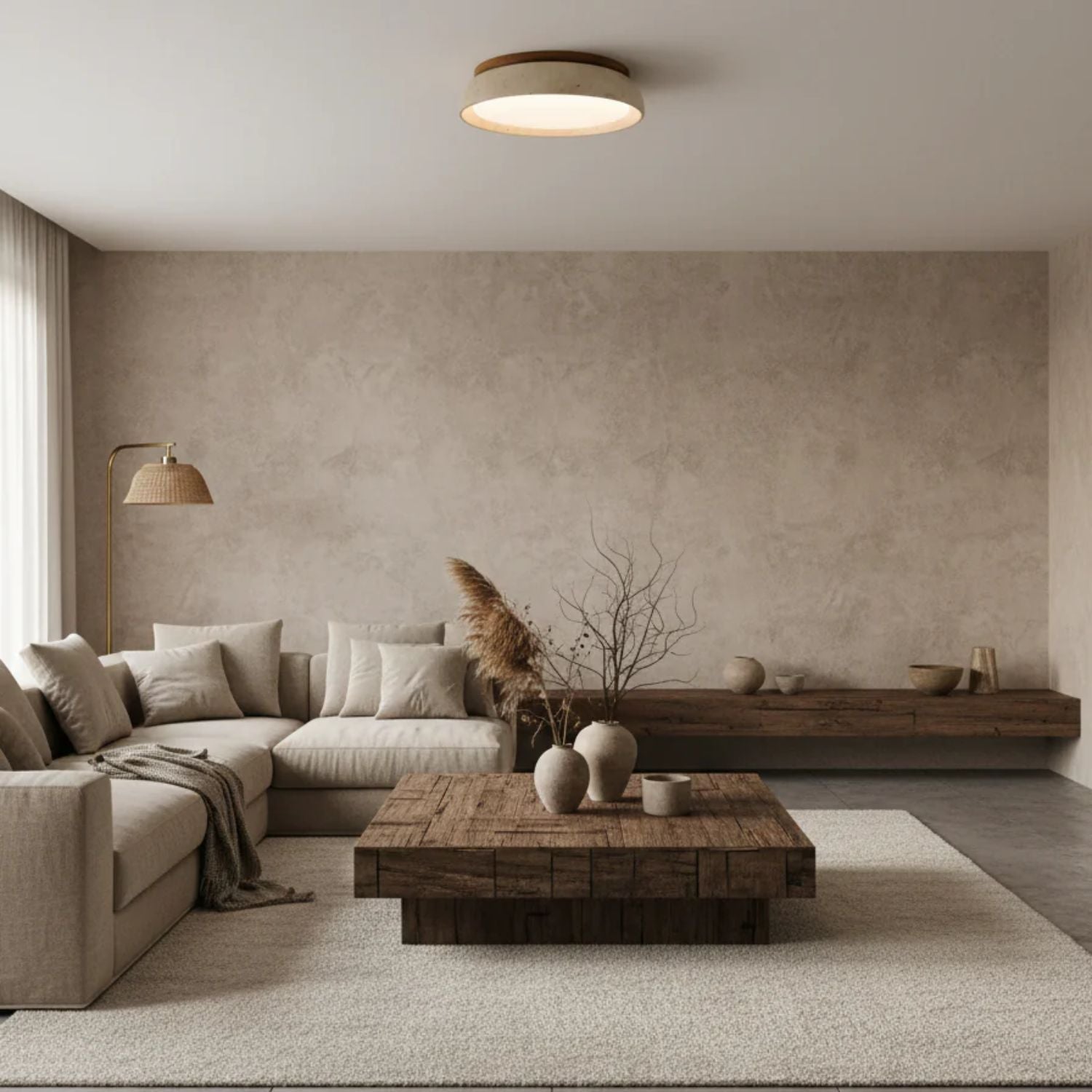Ceiling Lamp Travertine Wood Integrated LED 3000K Beige Low Ceiling Hallway Bedroom Lighting Scandinavian Flush Mount | Thomler