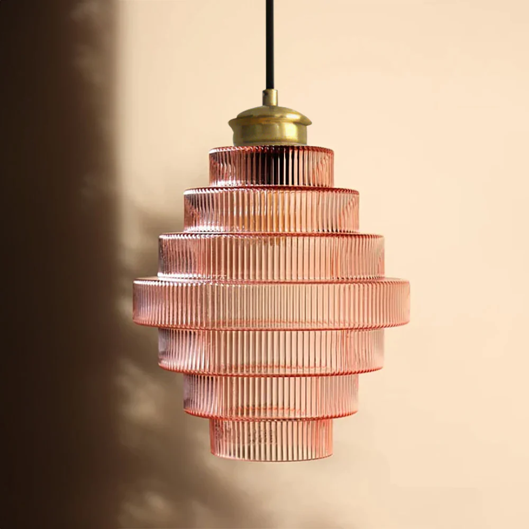 Pendant Light Ribbed Glass Brass Layered Shade Dining Room Kitchen Island Hanging Ceiling Lamp | Thomler