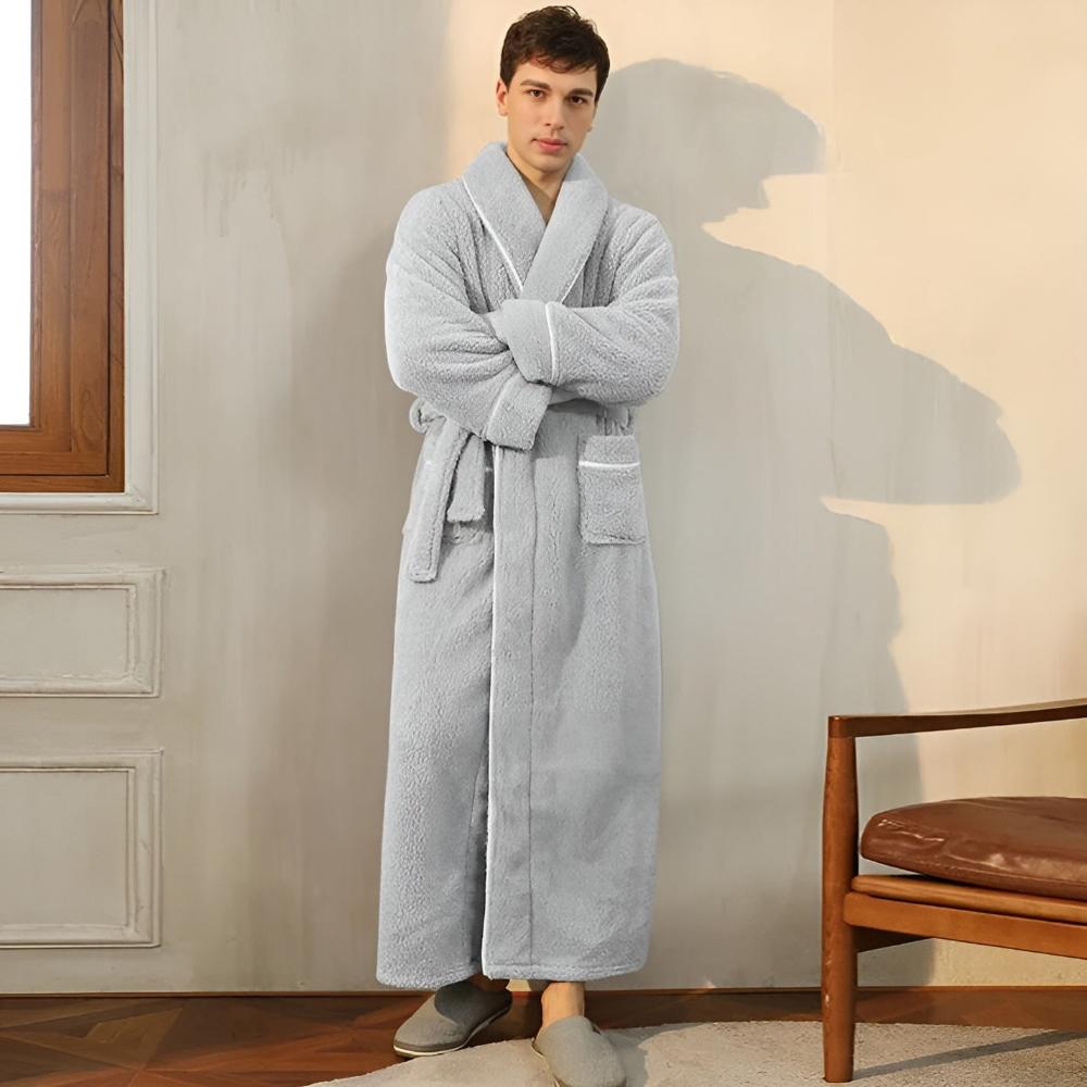 Plush Coral Fleece Bathrobe with Shawl Collar & Pockets – Unisex Lounge Robe for Year-Round Wear | Thomler
