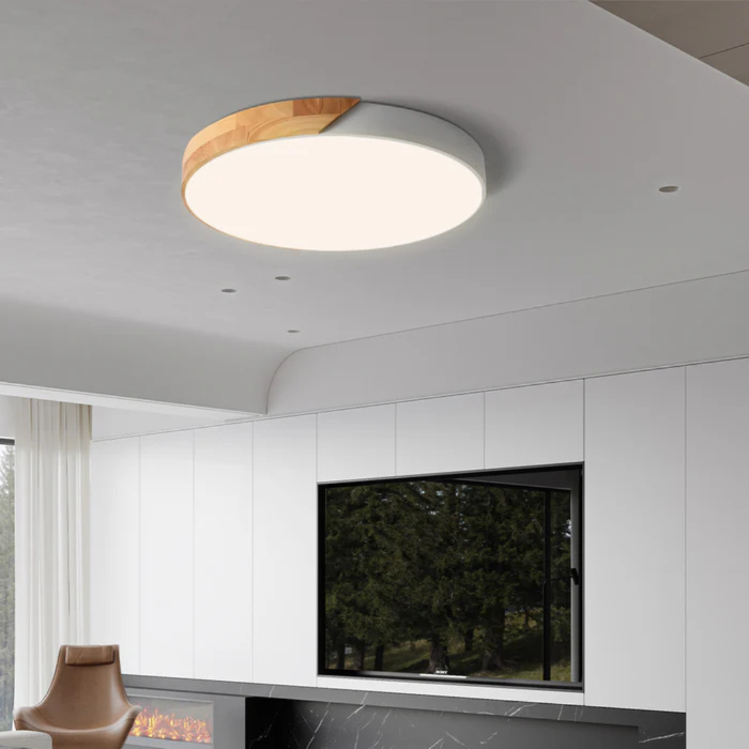 Round Wood Ceiling Light Fixture | Modern Scandinavian LED Flush Mount for Bedroom Living Room Kitchen | Thomler