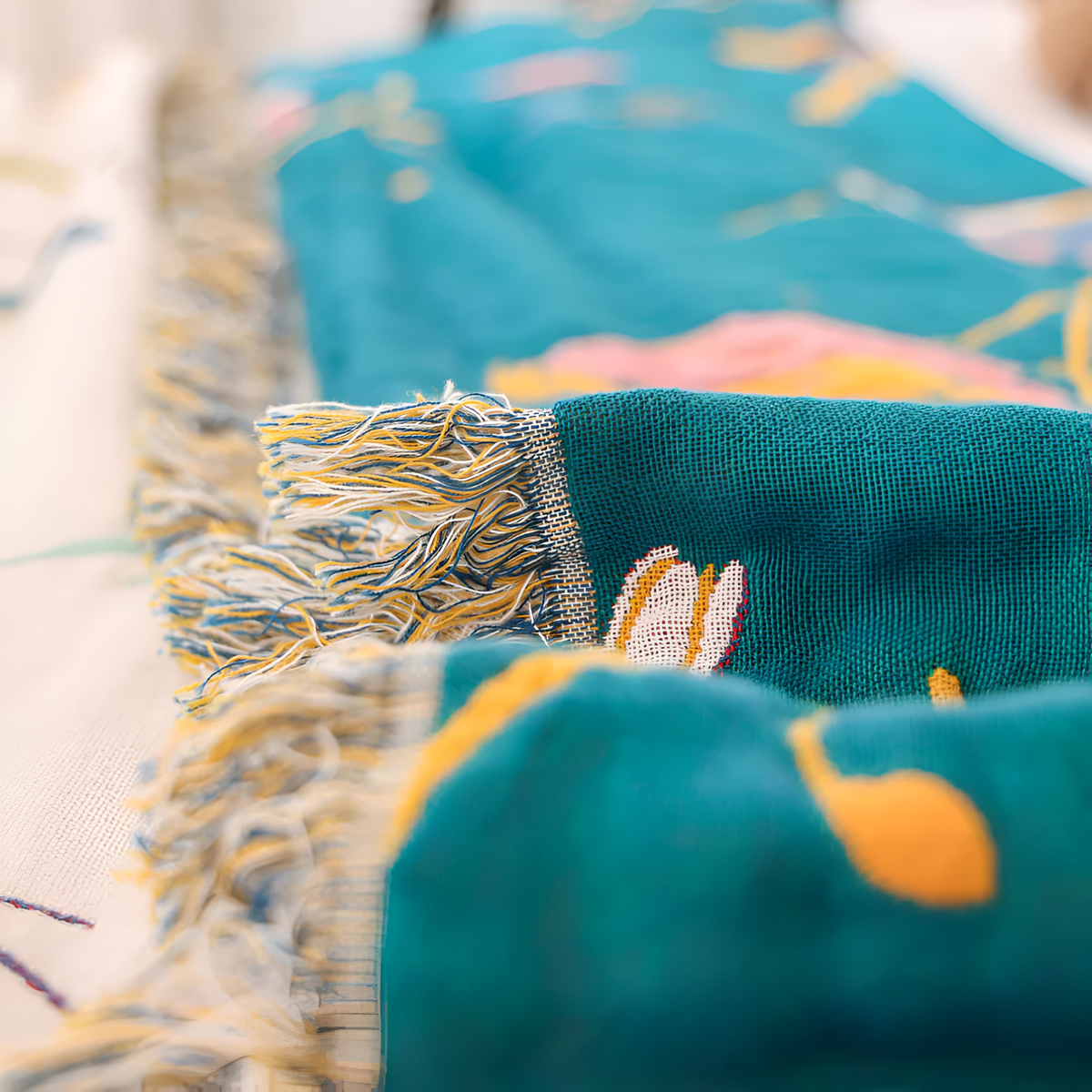 Woven Cotton Throw Blanket with Fringe Tassels & Avian Motif – Breathable, Lightweight Bed or Couch Cover for Boho Living Room, Guest | Thomler