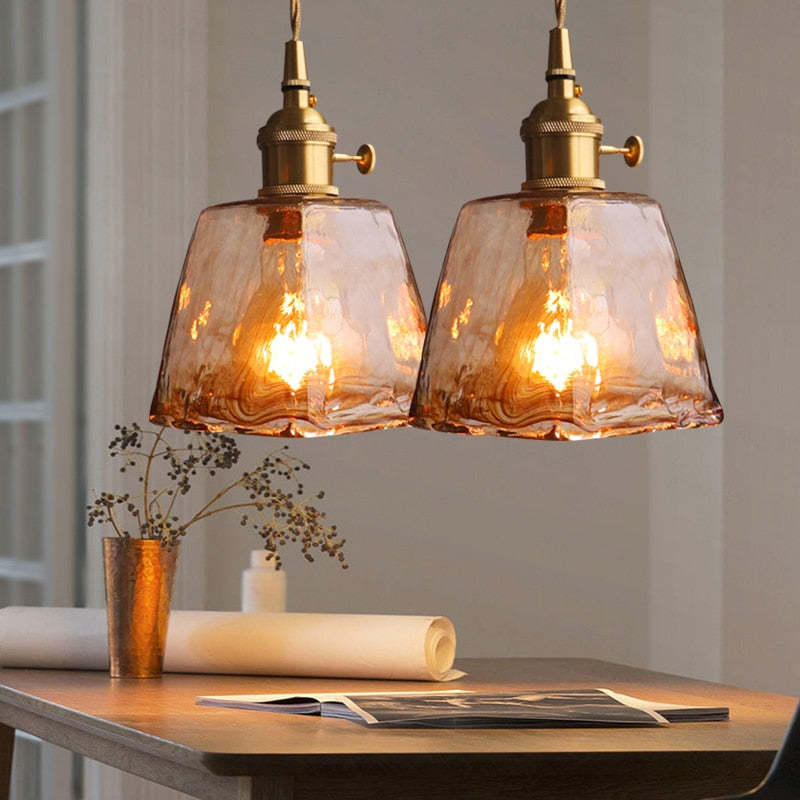 Industrial Metal & Glass Hanging Fixture with Brass Finish for Dining Room Kitchen Island | Thomler