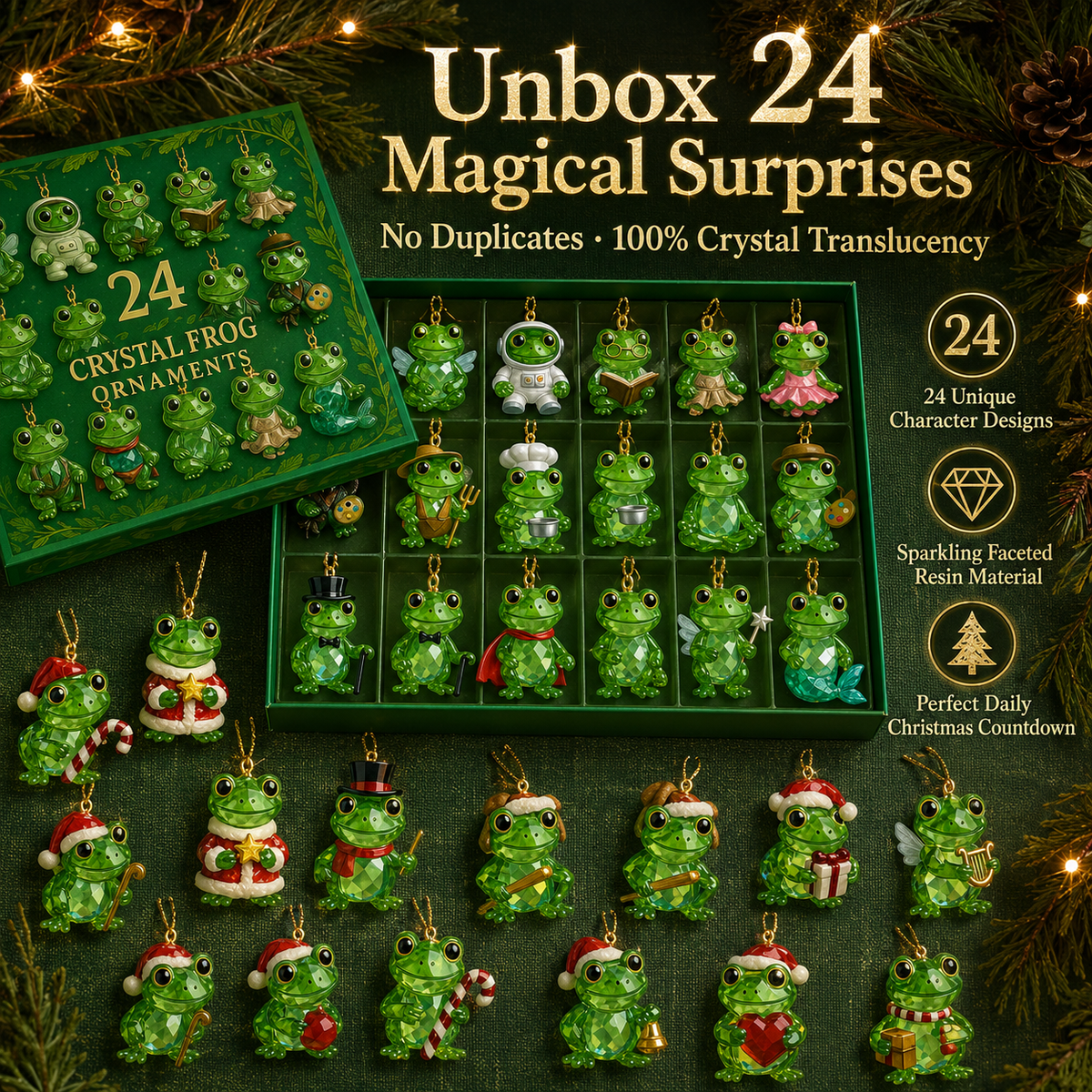 Crystal Frog Ornament Advent Calendar – 24 Miniature Collectible Charms for Christmas Countdown & Year-Round Display | Thomler
