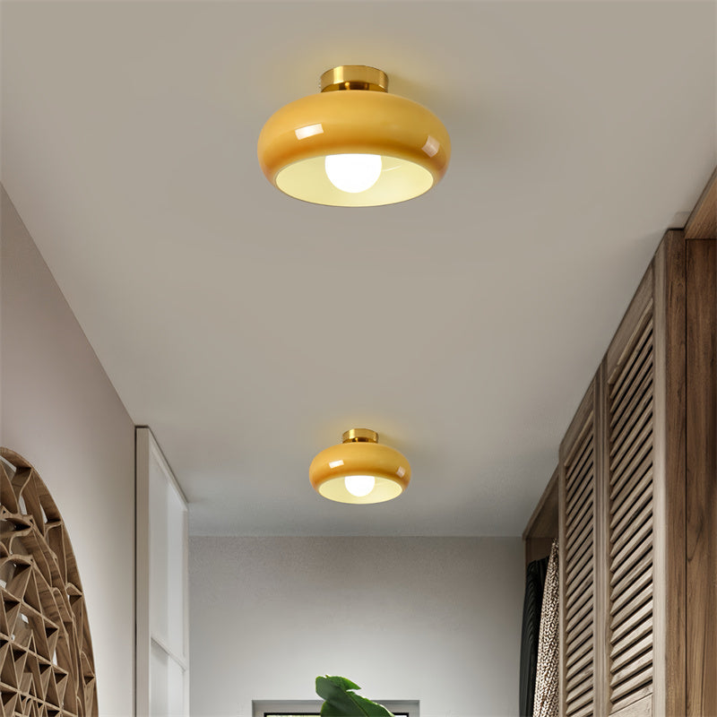 Retro Drum Flush Mount Ceiling Fixture – Handblown Glass & Brass – E27 Socket – for Bedroom, Hallway, Kitchen | Thomler