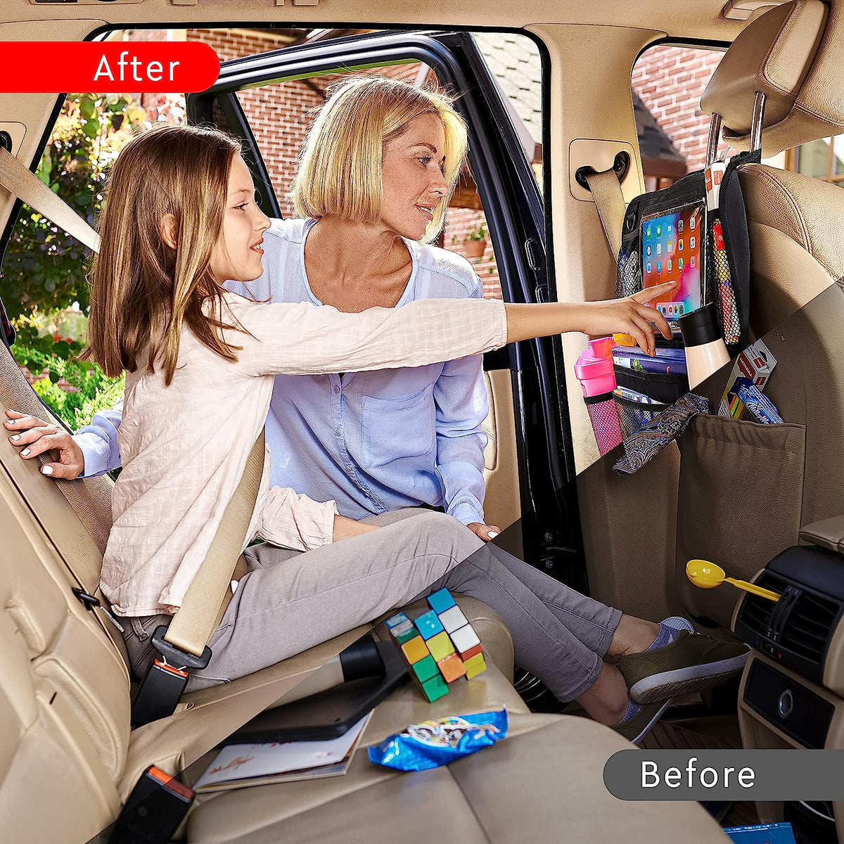 Dual-Pocket Vehicle Seatback Storage with Transparent Screen Sleeve for Road Trips | Thomler
