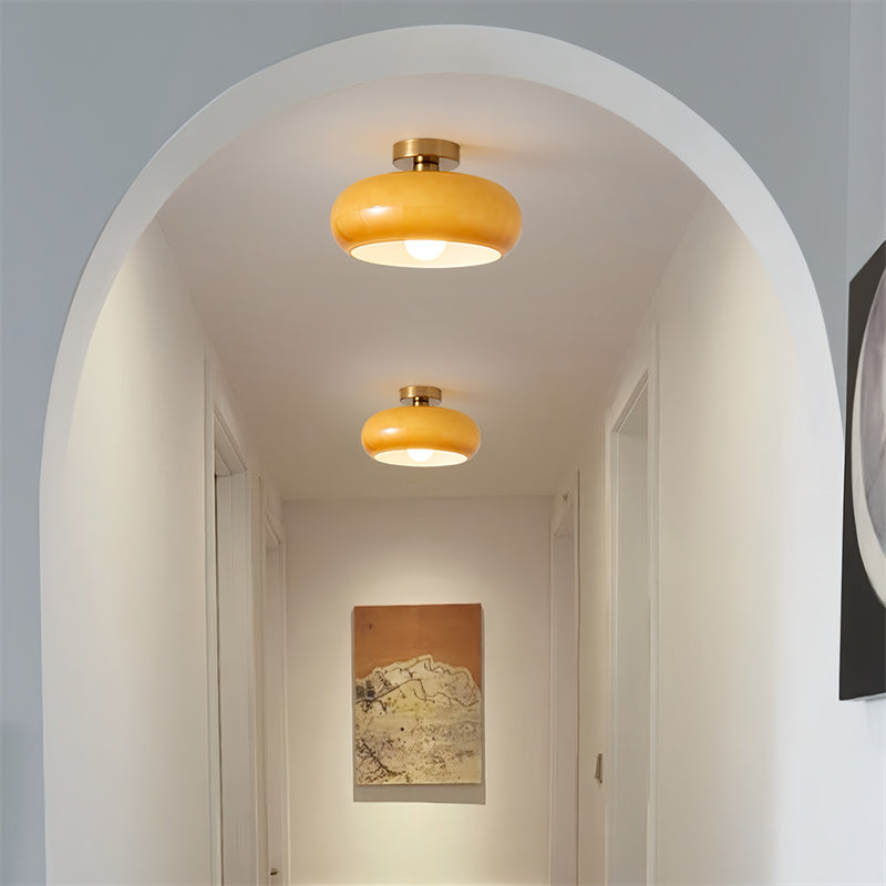 Retro Drum Flush Mount Ceiling Fixture – Handblown Glass & Brass – E27 Socket – for Bedroom, Hallway, Kitchen | Thomler
