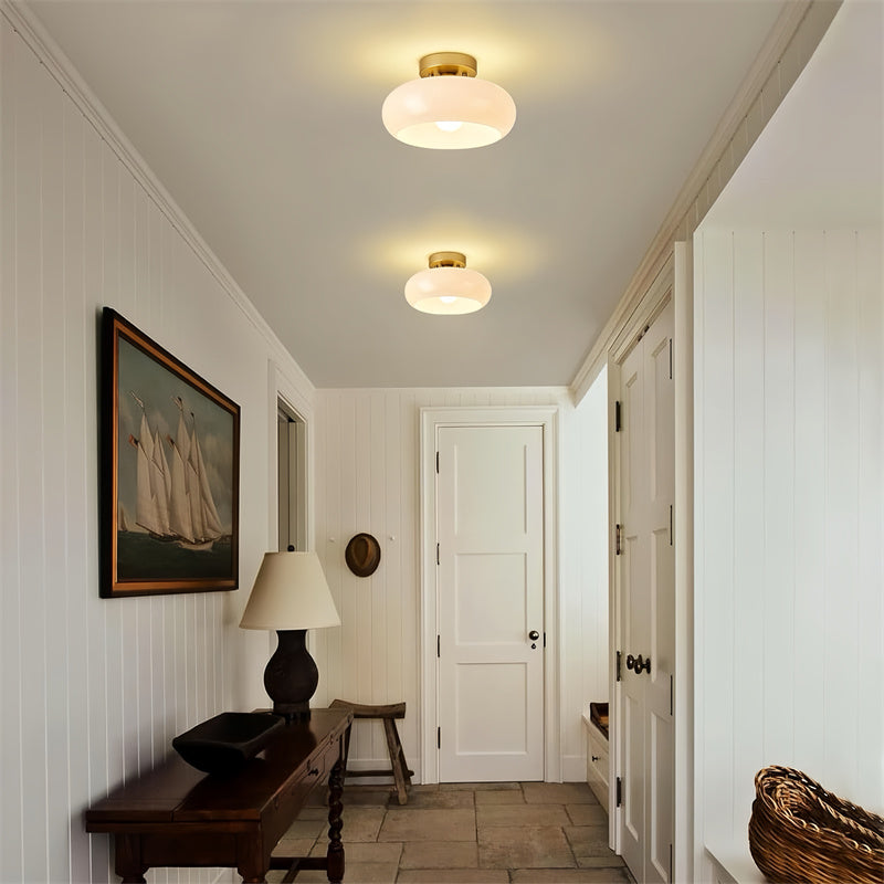 Retro Drum Flush Mount Ceiling Fixture – Handblown Glass & Brass – E27 Socket – for Bedroom, Hallway, Kitchen | Thomler