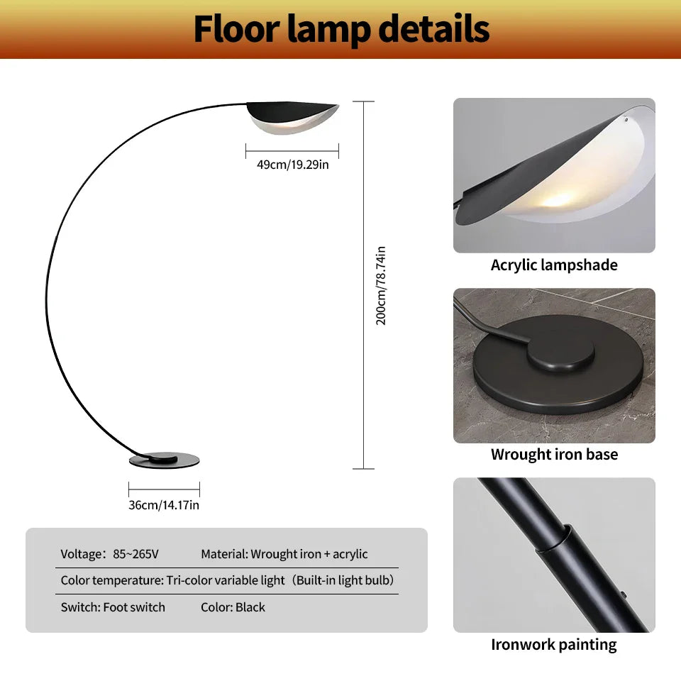 Floor Lamp Acrylic Leaf Shade 3 Colour Dimmable Black Living Room Reading Light Curved Arc Lamp | Thomler