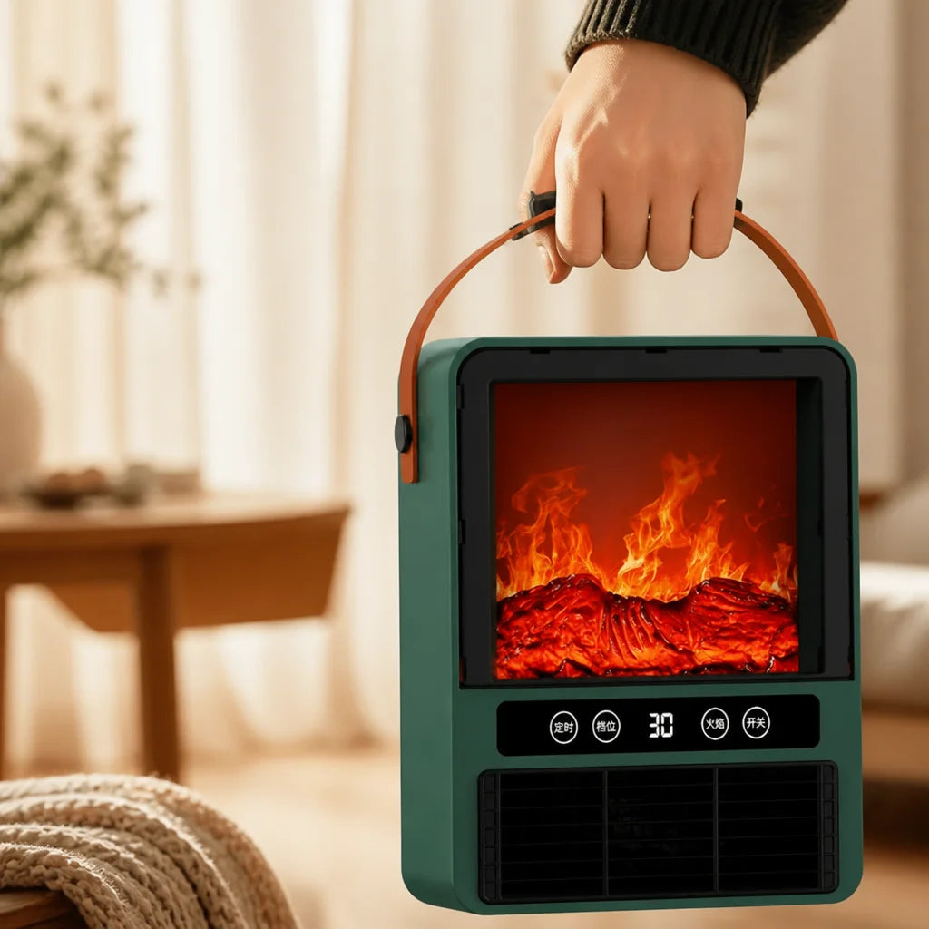 Ceramic Space Heater with Simulated Fireplace Flames, Crackling Audio & Tip-Over Safety Shutoff for Bedroom Office Living Room | Thomler