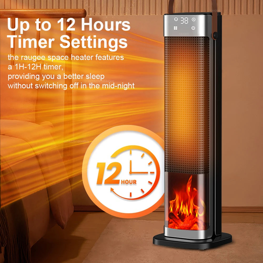 2000W Tower Space Heater with Realistic Flame Effect, Digital Touch Controls & Remote, 12-Hour Timer, Portable Electric Heating for | Thomler