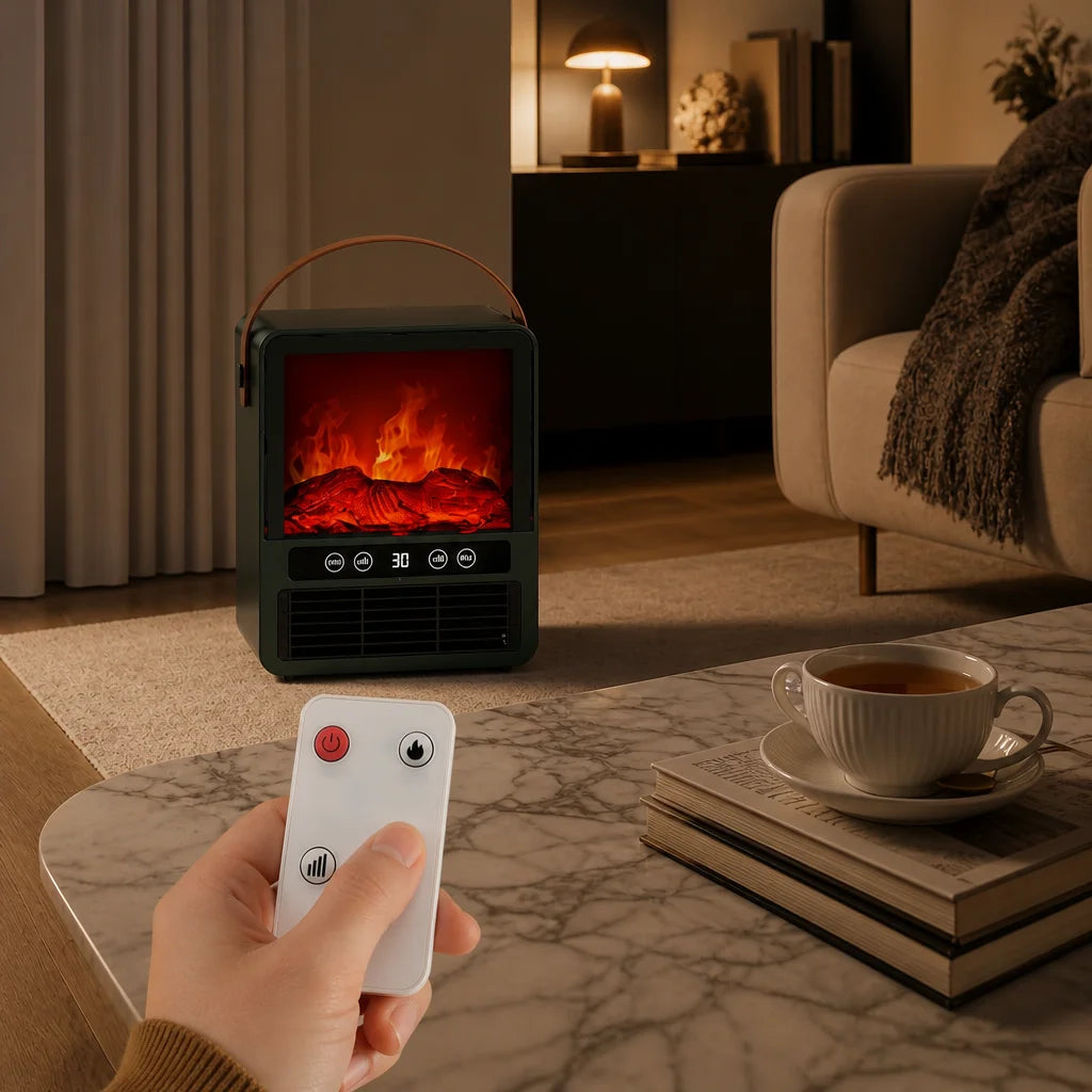 Ceramic Space Heater with Simulated Fireplace Flames, Crackling Audio & Tip-Over Safety Shutoff for Bedroom Office Living Room | Thomler