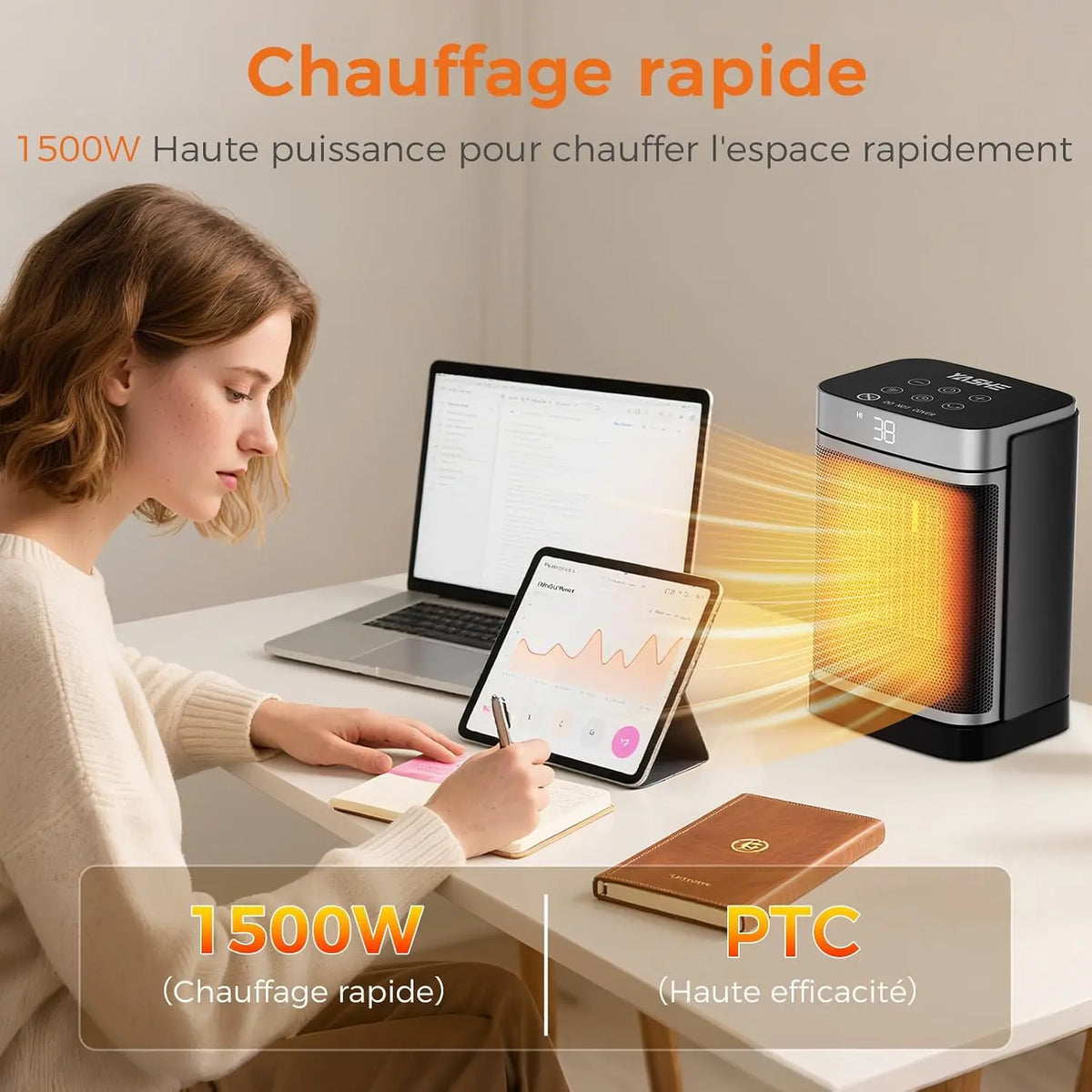 1500W Ceramic Space Heater with Remote Control, Adjustable Thermostat 59-95°F, 70° Oscillating Fan, 24-Hour Timer for Bedroom, Home | Thomler