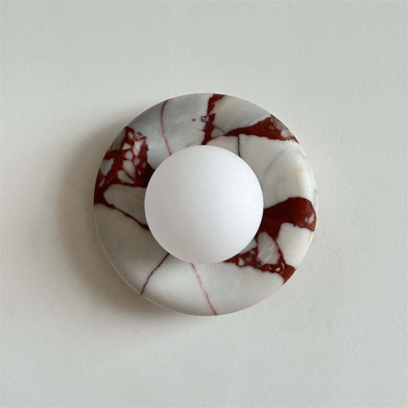 Round Glass Wall Sconce with Curved Marble Backplate for Living Room, Bedroom & Hallway – Hardwired Modern Indoor Light Fixture | Thomler