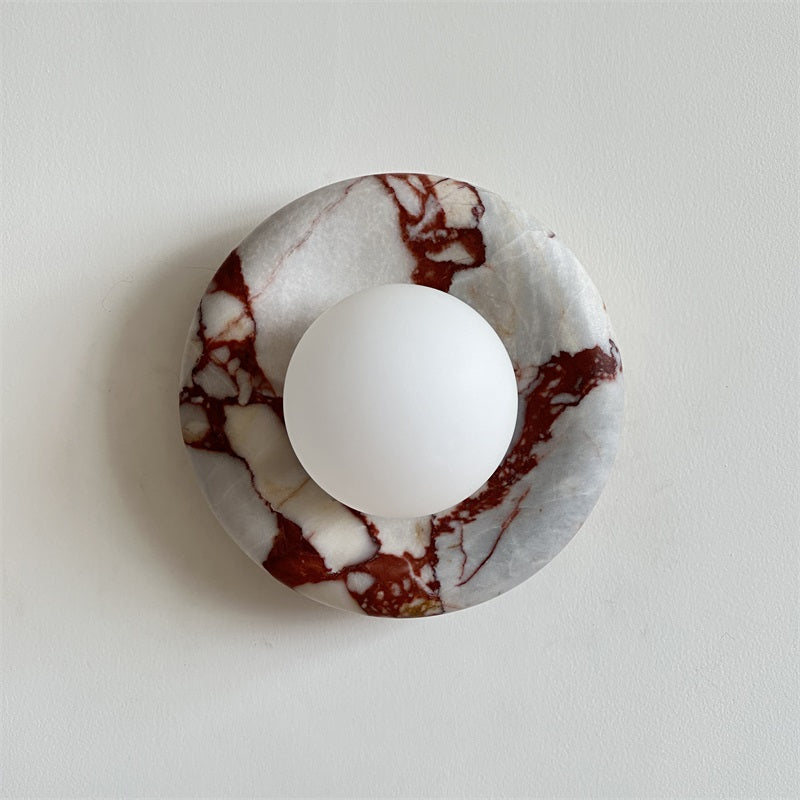 Round Glass Wall Sconce with Curved Marble Backplate for Living Room, Bedroom & Hallway – Hardwired Modern Indoor Light Fixture | Thomler