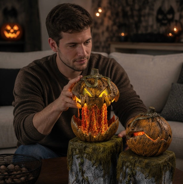 Voice-Triggered Glowing Jack-o'-Lantern Display Piece with Motion Response for Seasonal Home Haunts & Costume Events | Thomler