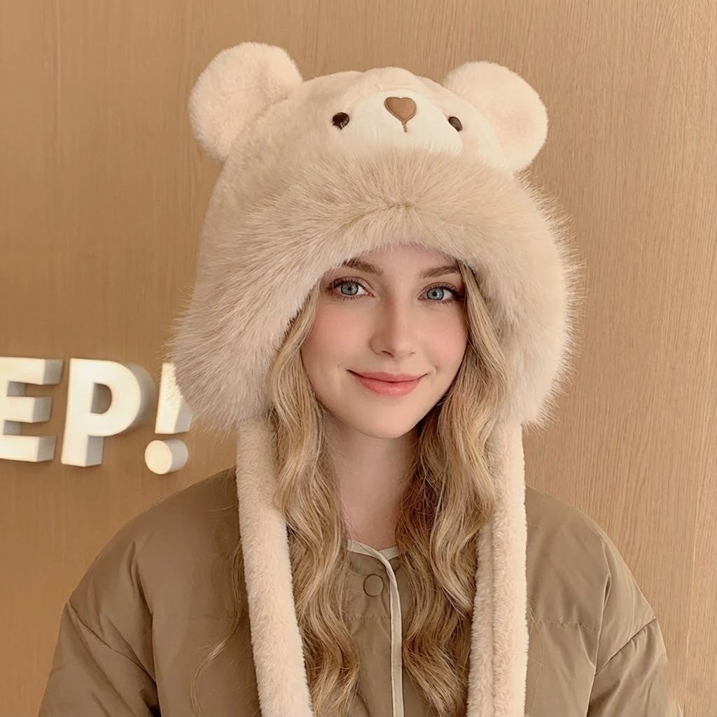 Plush Bear-Face Winter Hat with Long Earflaps – Cozy Faux Fur Knit Beanie for Cold Weather | Thomler