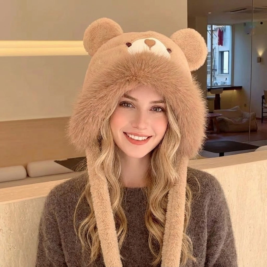 Plush Bear-Face Winter Hat with Long Earflaps – Cozy Faux Fur Knit Beanie for Cold Weather | Thomler