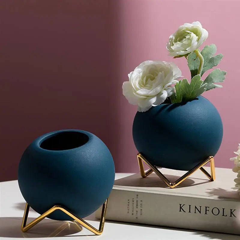 Plant Pot Ceramic 10.0 cm Blue Metal Stand Small Indoor Tabletop Flower Vase Modern Living Room Decor | Thomler