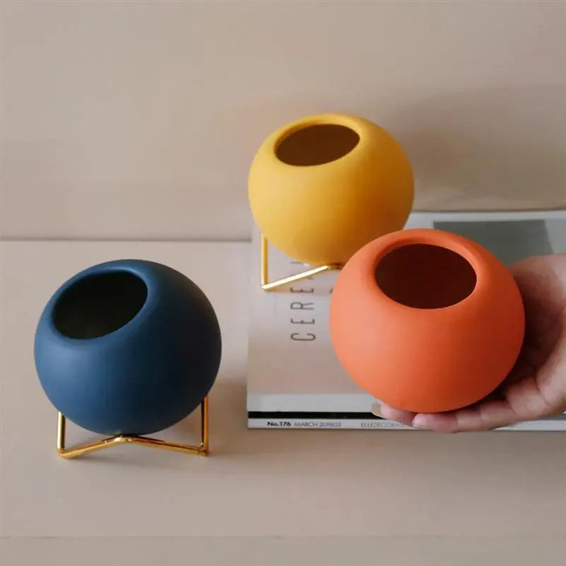 Plant Pot Ceramic 10.0 cm Blue Metal Stand Small Indoor Tabletop Flower Vase Modern Living Room Decor | Thomler
