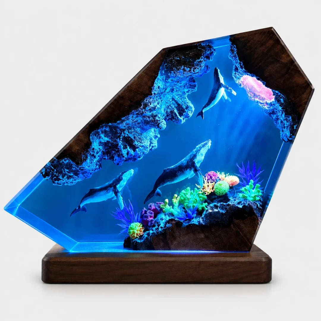 Ocean Reef Resin Night Light with Color-Shifting LED Base – Whale & Coral Sculpture for Bedroom Desk Shelf Display Home Decor | Thomler