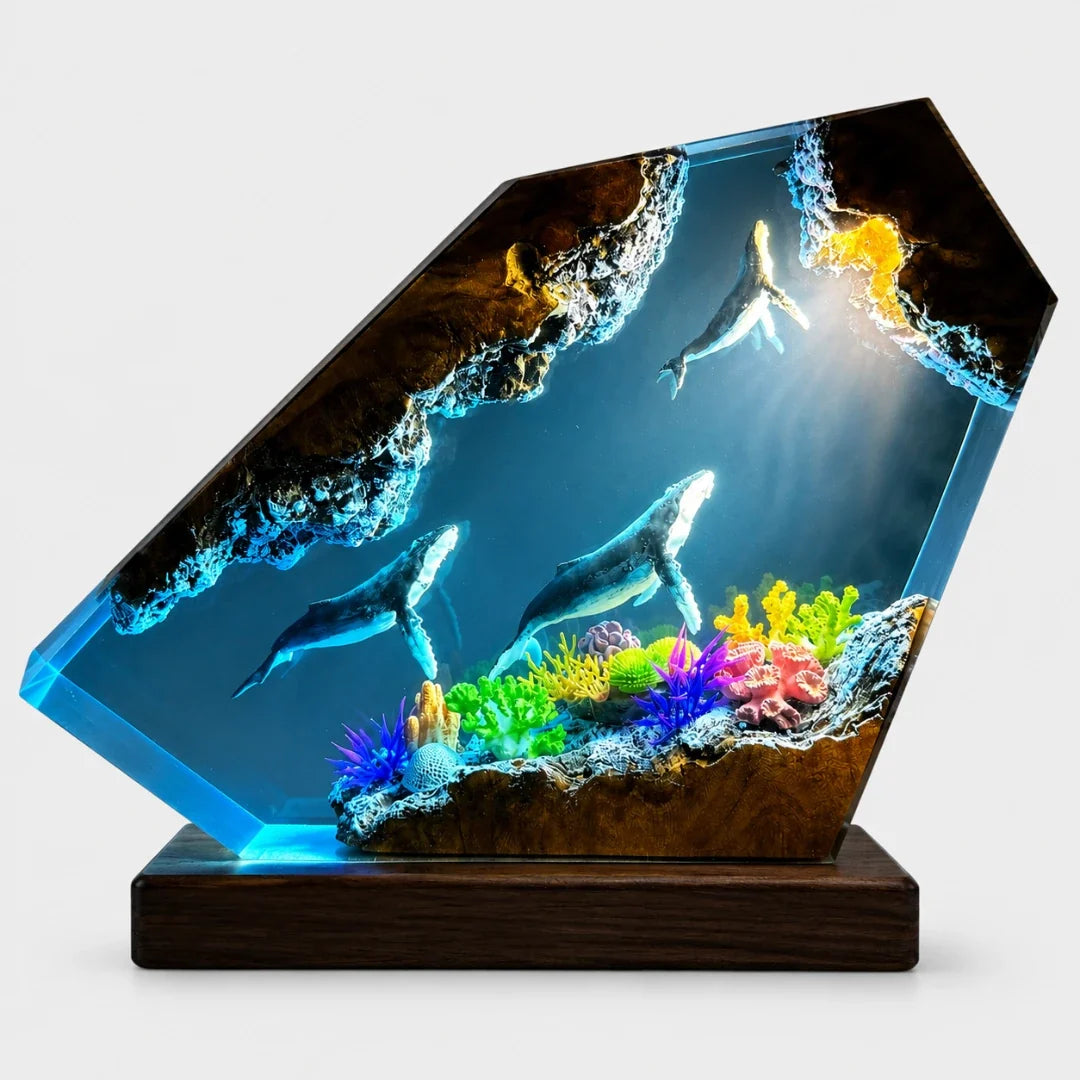 Ocean Reef Resin Night Light with Color-Shifting LED Base – Whale & Coral Sculpture for Bedroom Desk Shelf Display Home Decor | Thomler