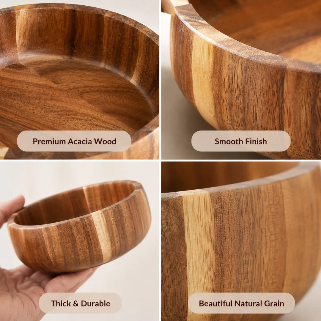 Natural Wood Serving Bowl Set – Handcrafted Acacia – 6 Sizes for Salads, Snacks & Gifts – Modern Minimalist Tableware for Everyday Dining | Thomler